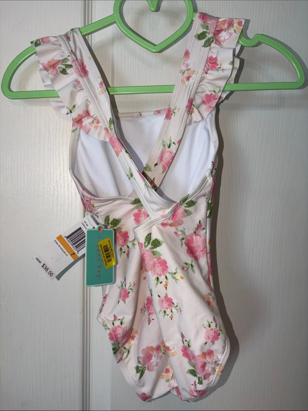 Copper Key Girls White Floral One-Piece Swimsuit with Pink Roses